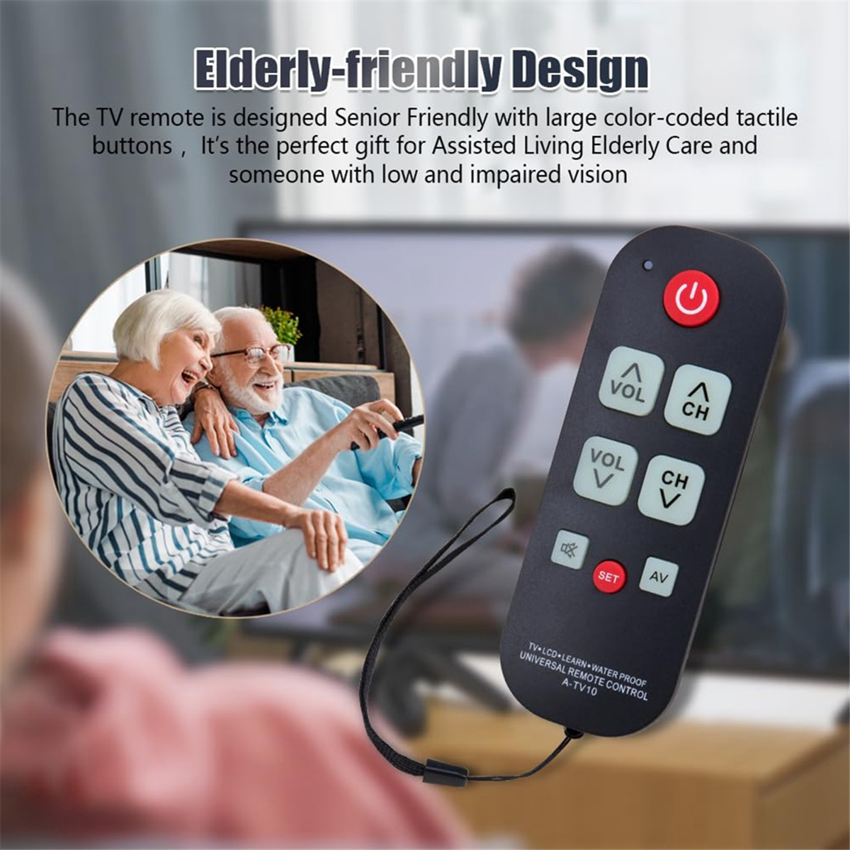 ABAC-A-TV10 TV Remote for Seniors Universal Controller Simple Waterproof Remote Control with LED Light for All TV Models