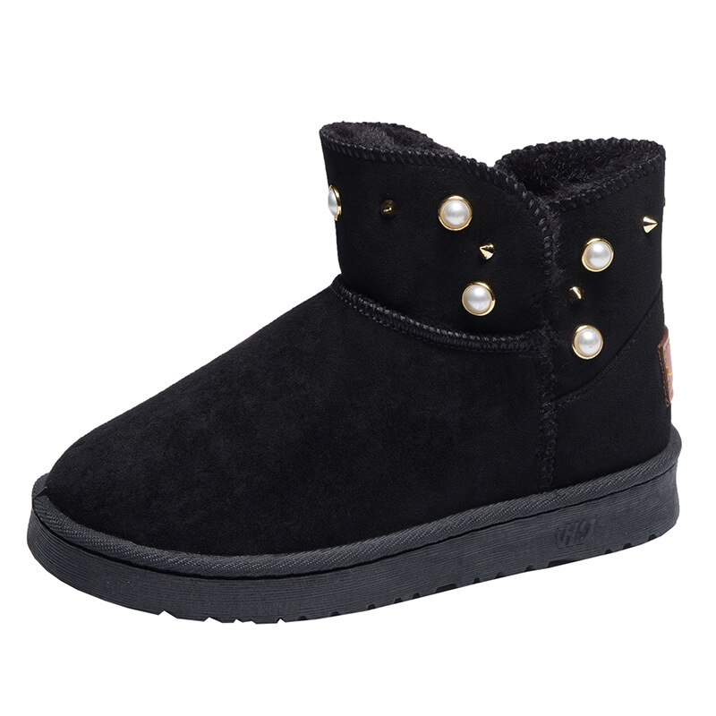 nouvelles femmes bottes perle décoration chaussures d'hiver noir bout rond décontracté grande taille femmes bottes de neige: Black / 38