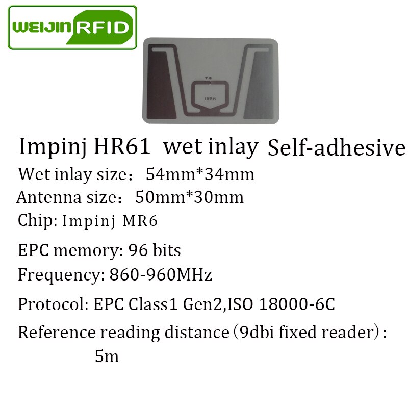 Sticker rfid uhf tag passivo tag impinj alien wet inlay 900 915m 868 860-960mhz VIKITEK EPC c1G2 6c self-adesivo etichetta RF circuito integrato: 54x34mm wet HR61