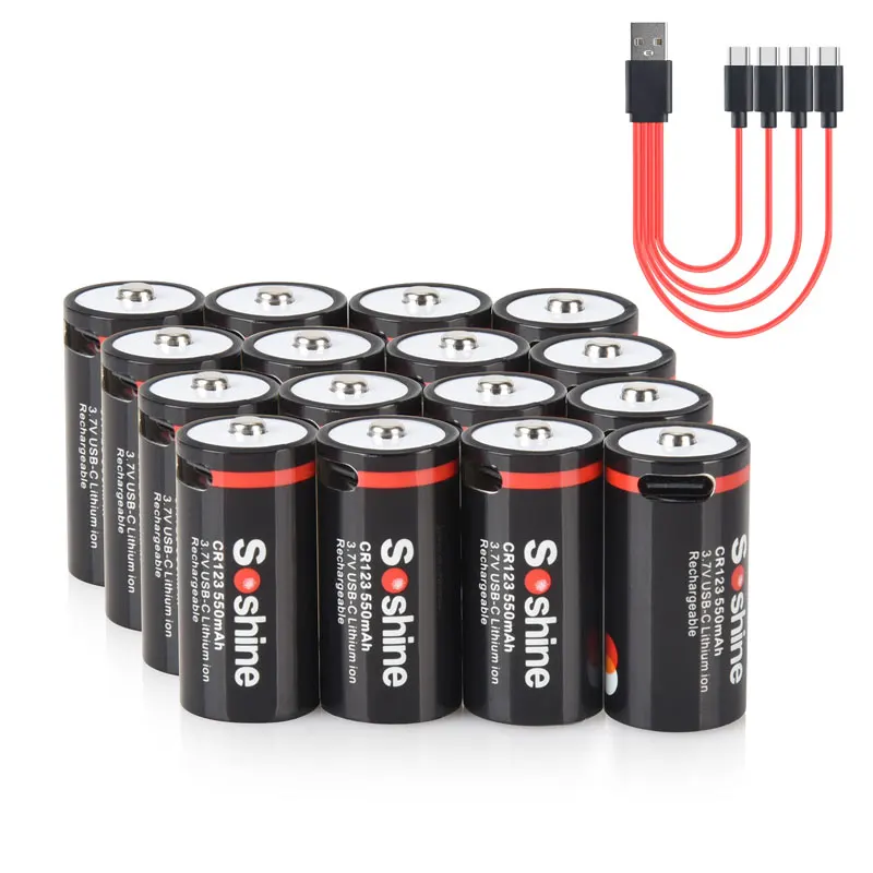 Soshine CR123 USB Lithium Batteries 550mah 3.7V 16340 16350 Rechargeable Battery RCR123 CR123A 550mah Battery with USB Cable: Red