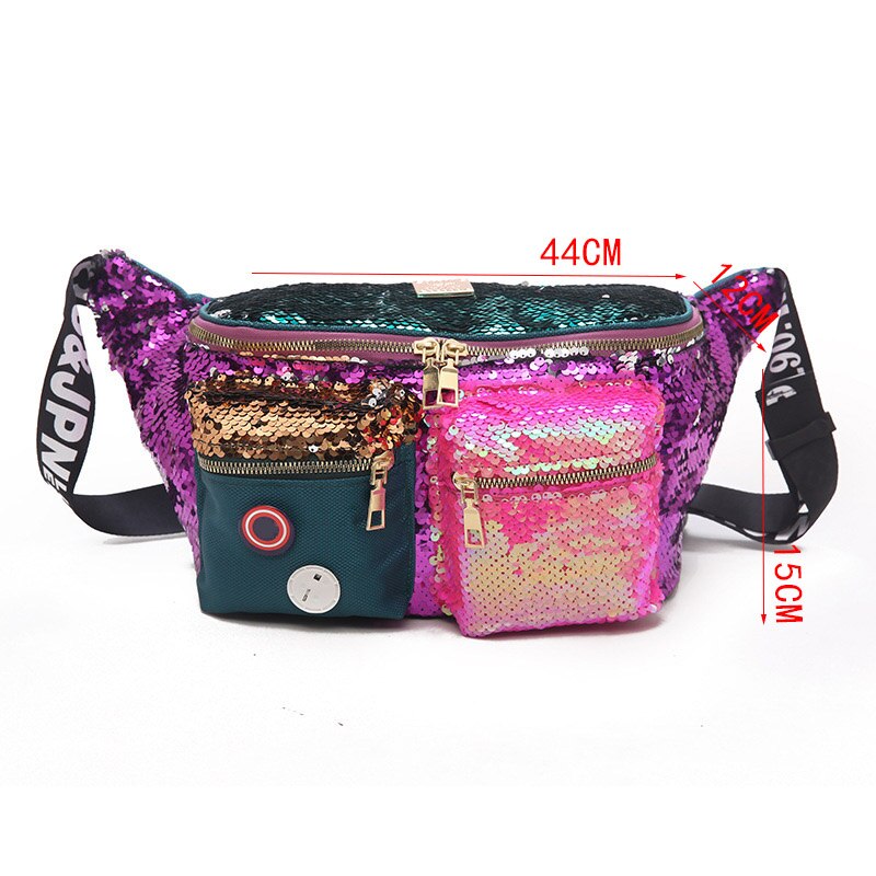 Kleur Pailletten Vrouwen Taille Tas Grote Capaciteit Hip Hop Fanny Pack Meerdere Zakken Riem Zakken Vrouwelijke Schouder Crossbody Borst tas