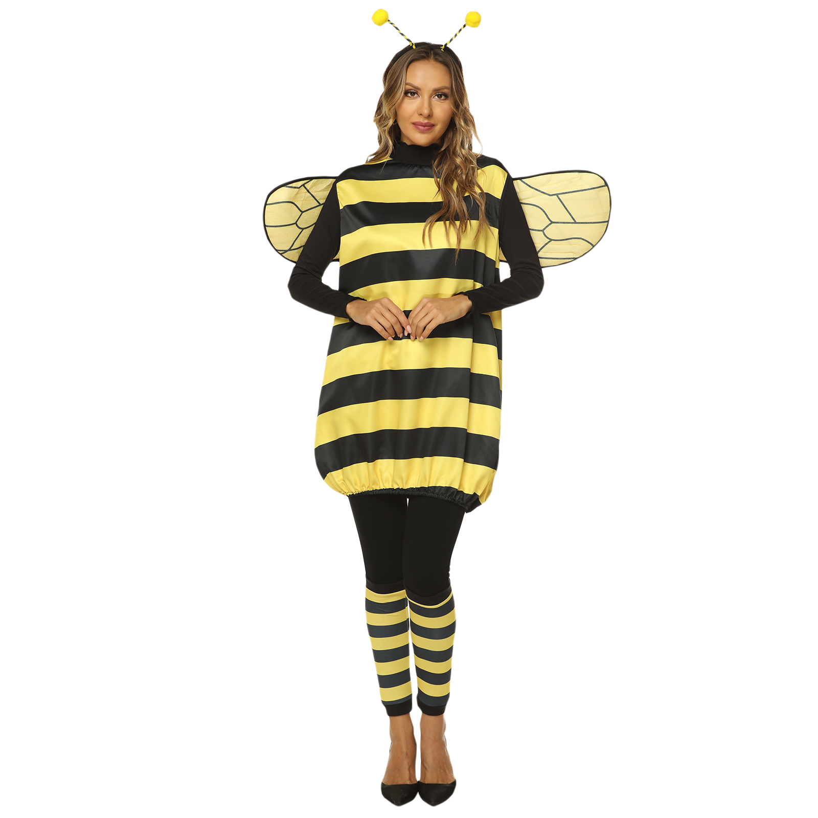 Trajes de abelha para mulheres, fantasia de abelha mel de Halloween para adultos e crianças fantasia de abelha pequena, faixa de cabeça + vestido + asas + aquecedores de pernas: XXL / Bege