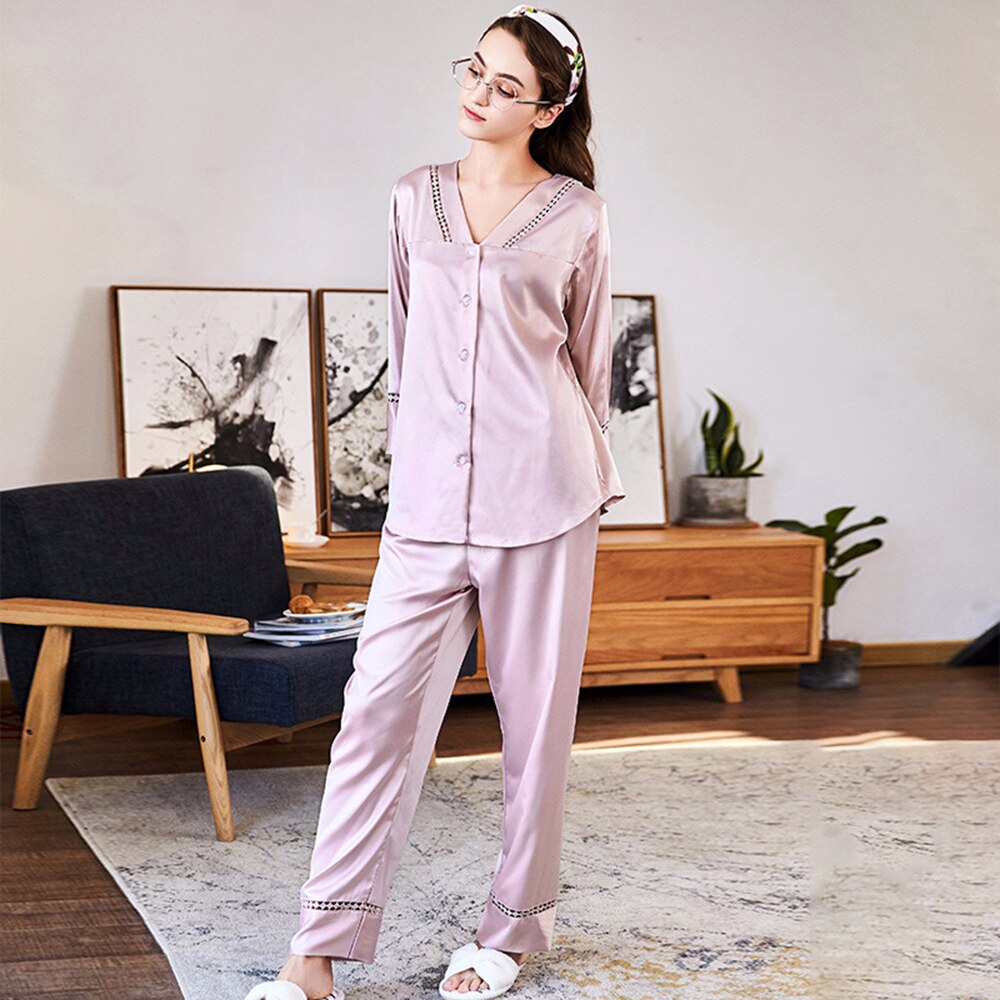 ChunShang Ice Silk Homewear Ladies Summer Thin Casual And Comfortable V-Neck Long-Sleeved Pajamas Two-Piece Suit