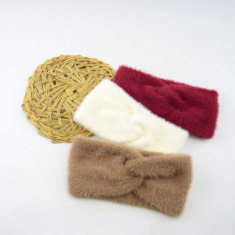 Diademas mullidas con nudo hechas a mano para mujer, bandanas de imitación de visón y Cachemira con lazo sólido, diademas sencillas con calentador de orejas, diadema para mujer