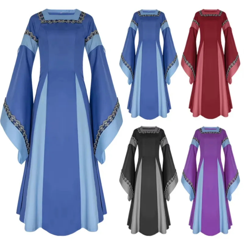 Robe de longitud inferior retro à manches trompent pour femmes, bata medieval renacentista, garniture en dentelle, bata irlandia