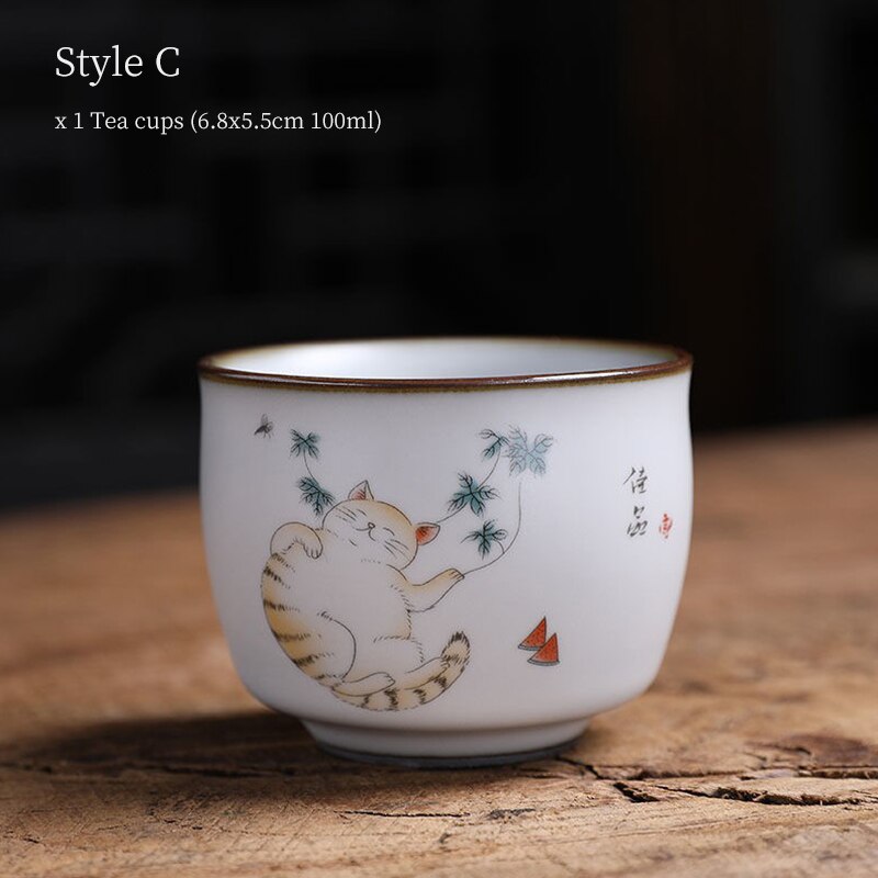LUWU Ceramic Tea Cup Cute Cat Chinese Teacups 100ml: Style C