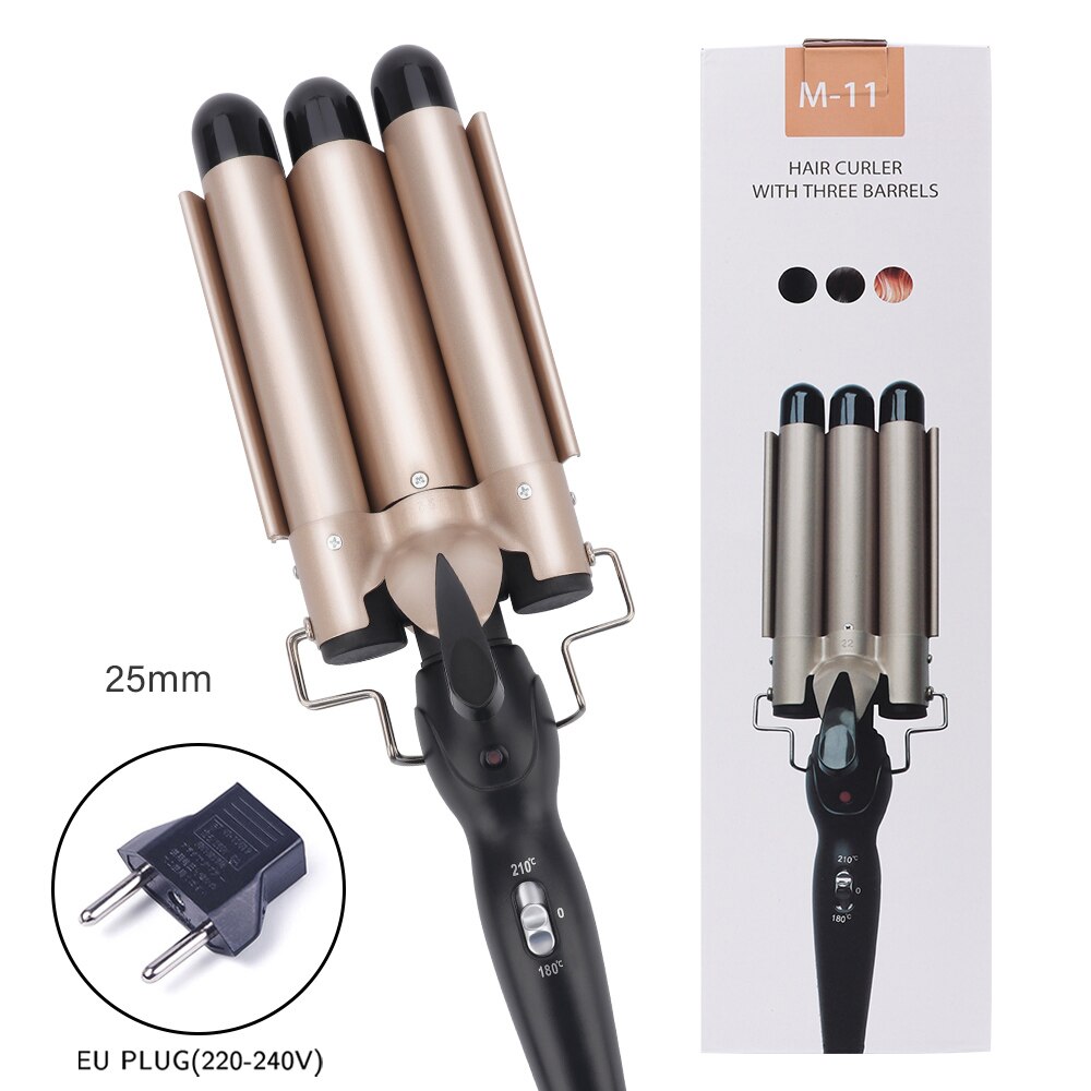Prancha modeladora de cachos profissional, aparelho de ferro e cerâmica para encaracolar e ondular o cabelo, modelador de cabelos com três cilindros: 25MM EU PLUG
