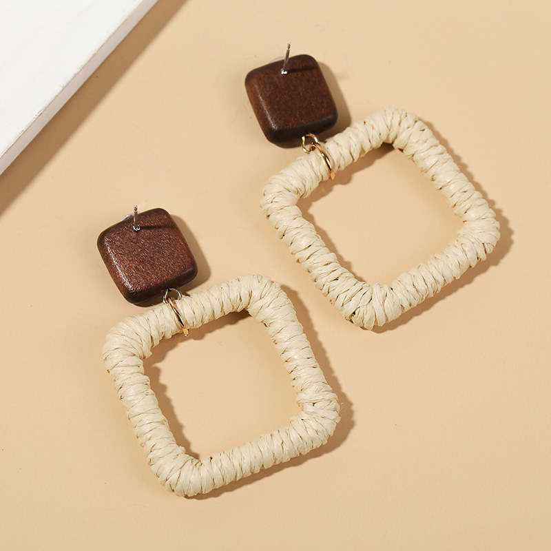 Female Bohemian Handmade Vine Rattan Straw Woven Dangle Earrings For Women Boho Geometric Square Wooden Earring Jewelry