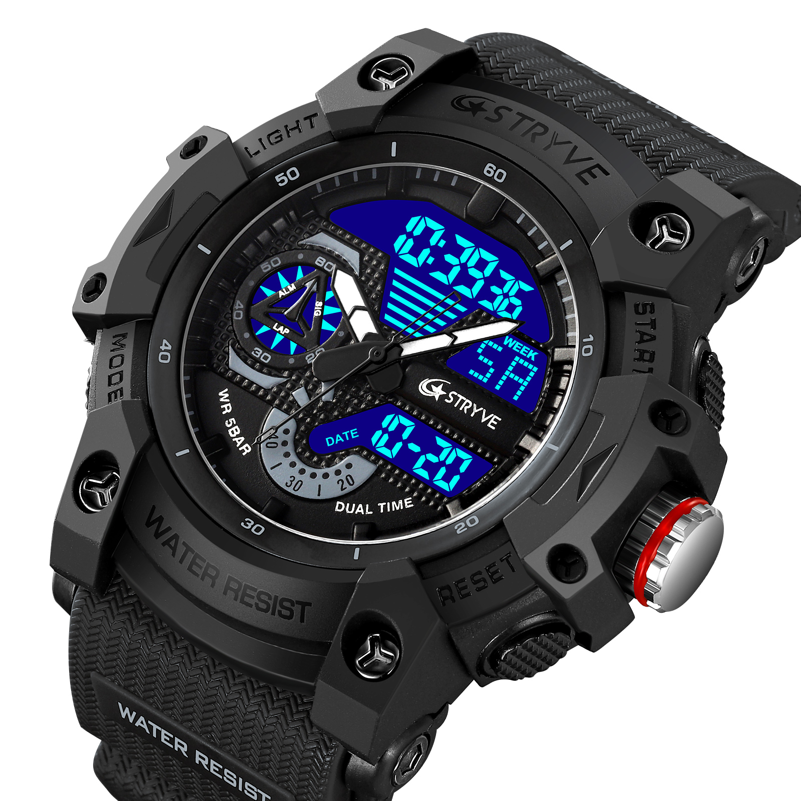 STRYVE Sports Dual Display Watch For Men LED Digital Quartz Waterproof Watches Men's Stopwatches Clock Youth Wristwatches 8029