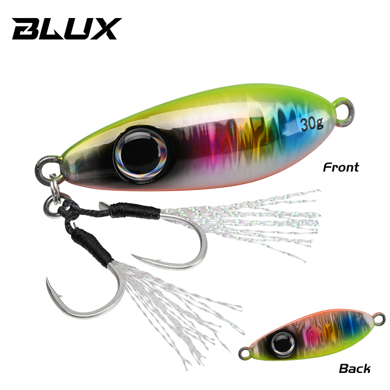 BLUX-cuchara tipo anzuelo de Metal, señuelo de pesca con cuchara, 30G, cebo Artificial, Shore, Jigging lento duro, fundición larga, lubina, atún, aparejos de agua salada: Azul