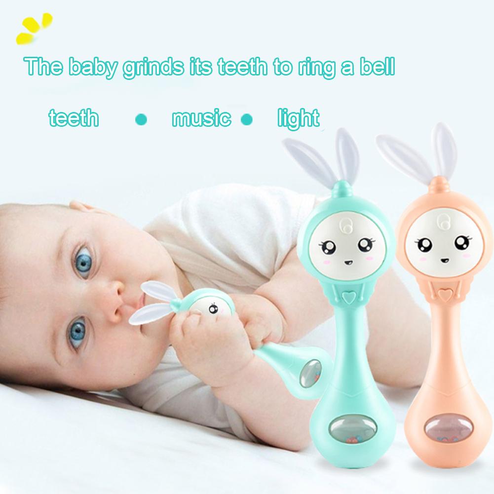 Cartoon Konijn Baby Schudden Rammelaar Hand Bel Met Muziek Licht Bijtring Speelgoed Baby &#39;S Aandacht Te Trekken Slijpen Hun Tanden