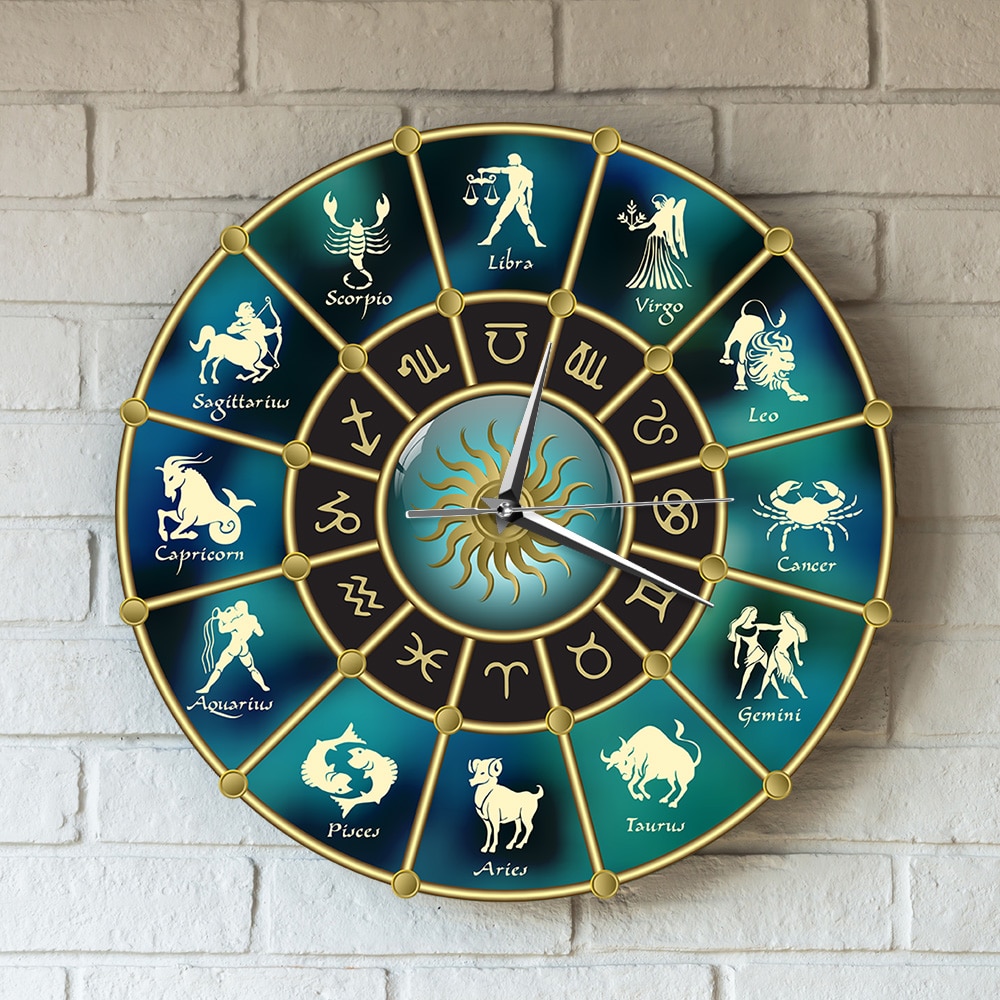 Gold Blue Horoscope Circle with Signs of Zodiac Acrylic Mute Wall Clock Constellation Astrology Symbol Home Decor Wall Watch