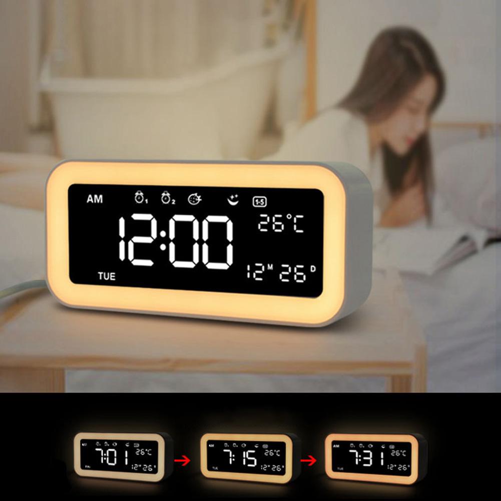 LED Digital Temperature Display Snooze Desktop USB Sunset Mode Table Alarm Clock Table Clock Bedroom Wake Up Clock Home Decor