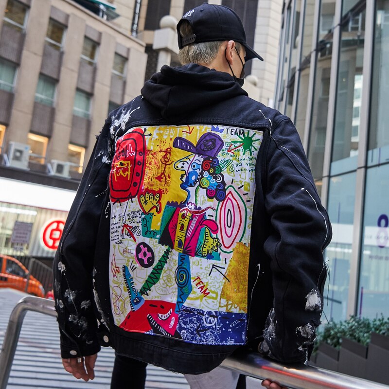 LOVZON-chaqueta vaquera con estampado de Graffiti para hombre, chaqueta masculina de estilo Hip Hop con cuello vuelto