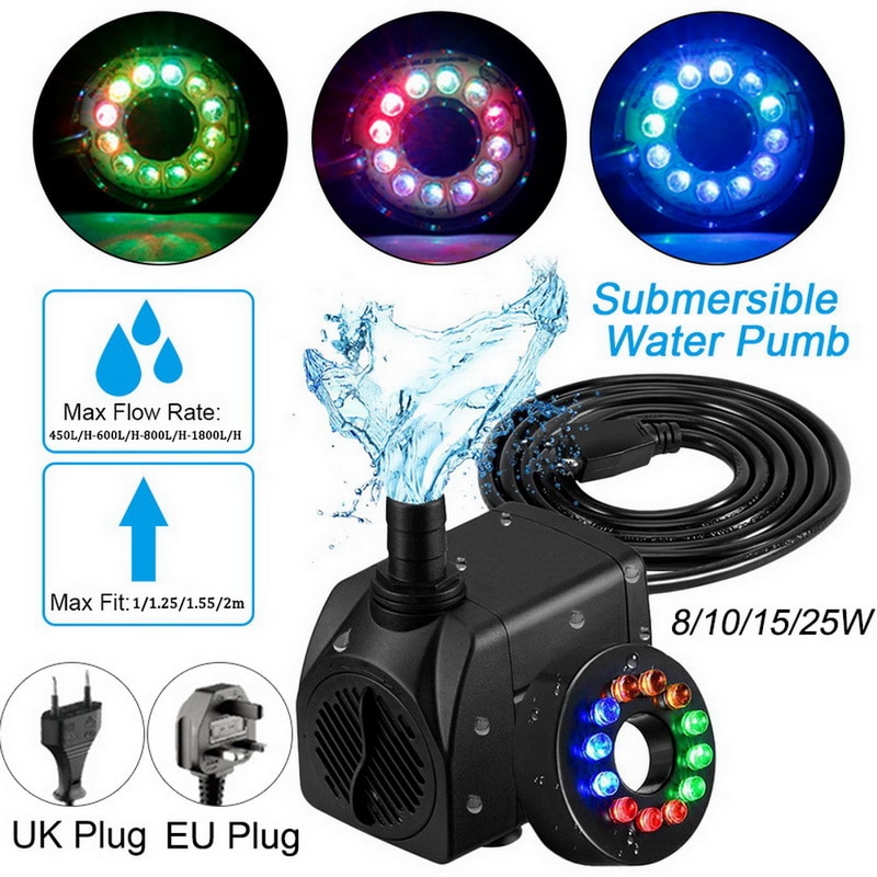 220V 6/8/10/25W Submersible Water Pump With 12 LED Lights 220-240V 800L/H EU/UK Plug For Aquarium Fish Tank Pond Fountain