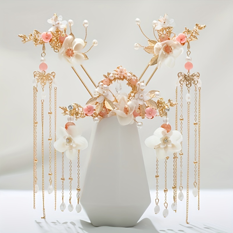 Orecchini a forcina con perle lunghe cinesi impostato di di diademi Copricapo Accessori per capelli da donna Fiore di cristallo Perla Hanfu Forcine per capelli Orecchino a pettine