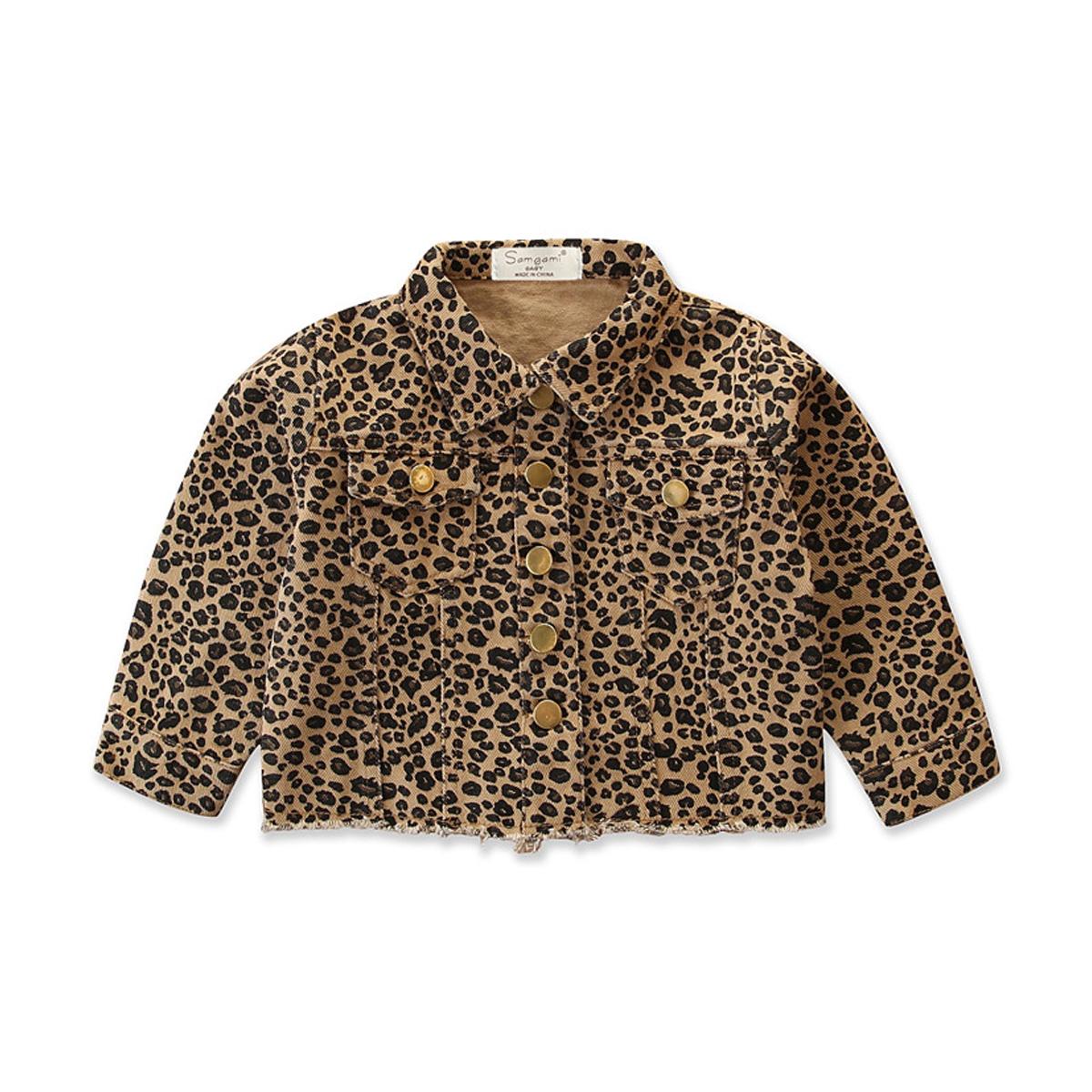 1-6Y Leopard Print Girl Children's Jackets Kids Long Sleeve Coat Denim Button Pockets Windbreaker Hoodies Autumn Jacket