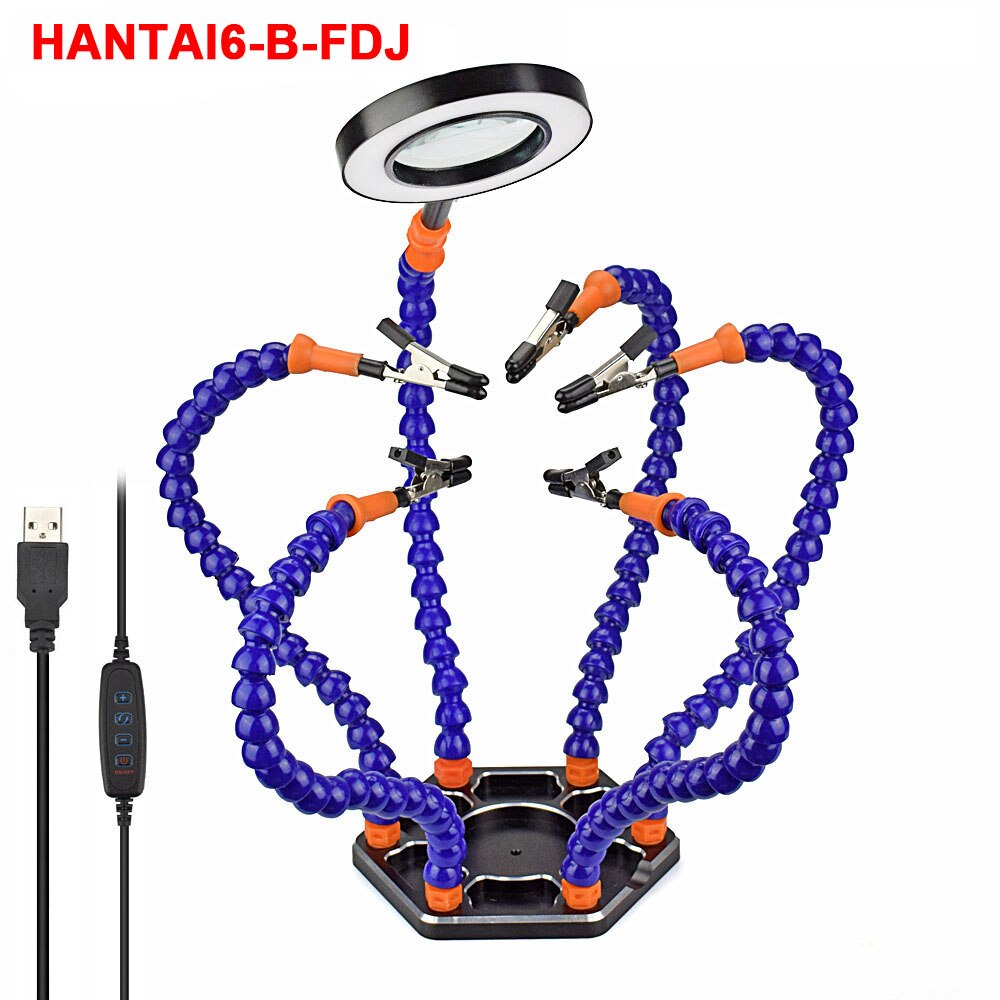 Toolour Helping Hands Third Arm Soldering Work Station 6 Flexible Arms with Precision 360 Degree Alligator Clip USB 3X Magnifier: HANTAI6-B-FDJ