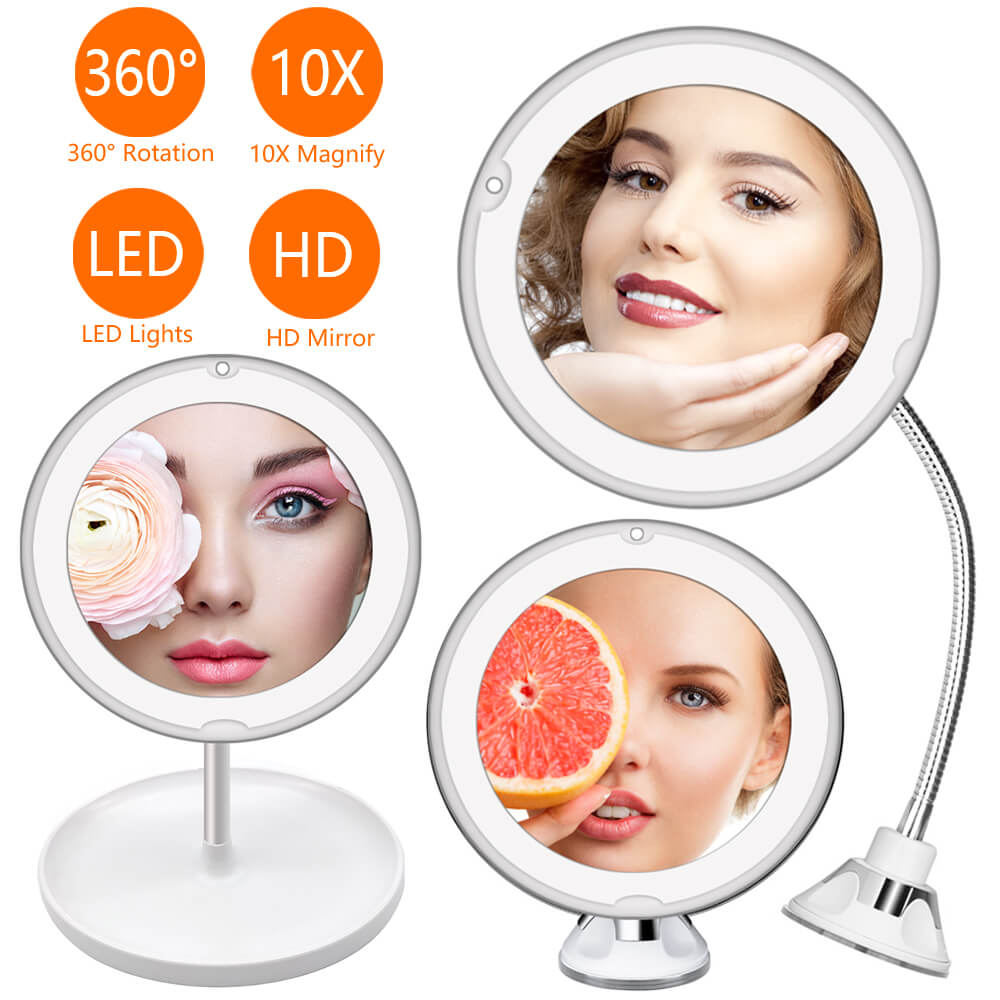 10X LED Light Makeup Mirror Lamp Magnifier Battery Portable Hand Vanity Glass Mini Miroir Bathroom Cosmetic Bath Suction Cup