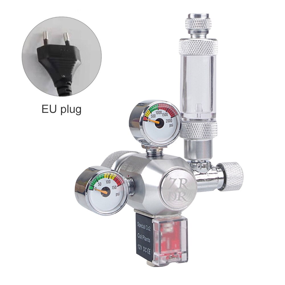 Aquarium CO2 Regulator Adjustable CO2 Pressure Regulator with Solenoid Large Double Pressure Gauge Bubble Counter Check Valve: R104 EU Plug