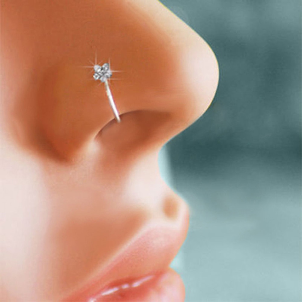 Piercing de argola nasal unissex com strass e flor de ameixa