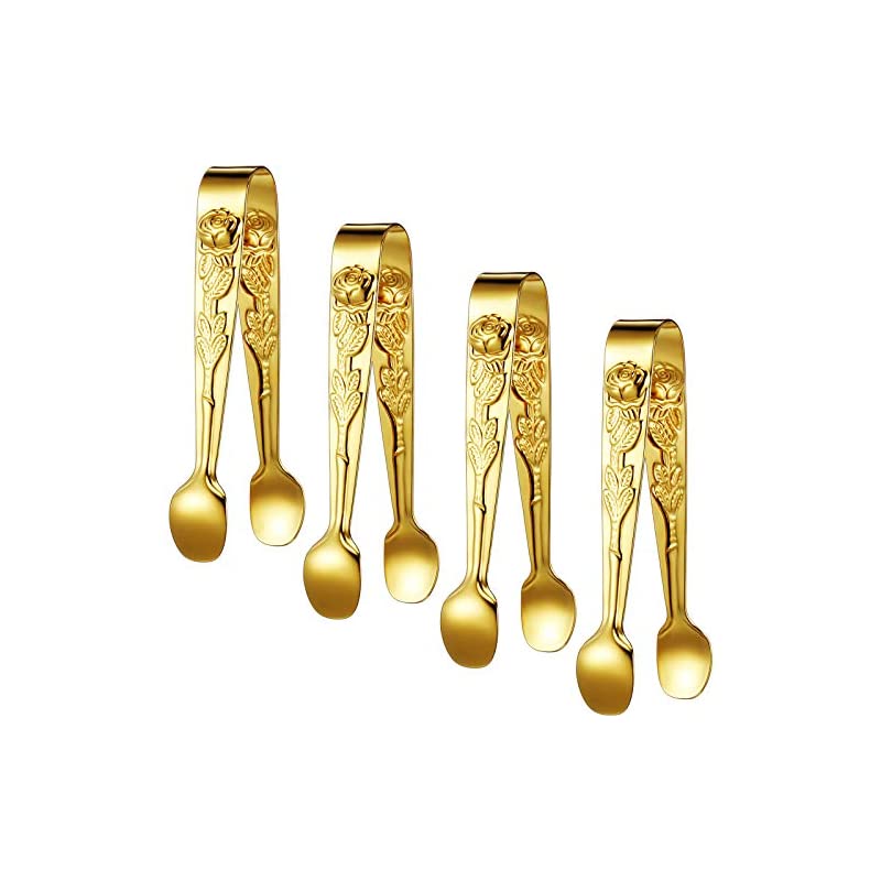 4 bitar tång små socker serveringstänger mini godis förrätt ros japanska rostfritt stål tång för kök iskaffe bar: Guld-