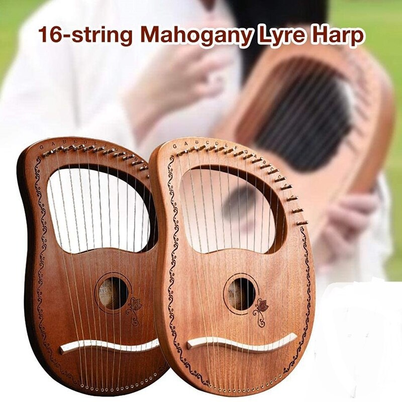 Lyreharpe 16 -strengs harpe bærbar lille harpe med holdbare stålstrenge træstrengs musikinstrument, kaffefarve