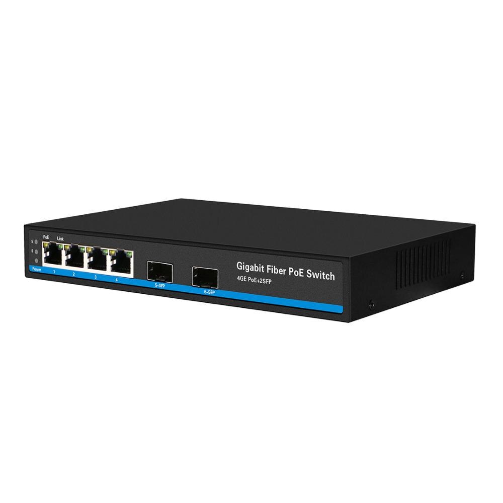 CE/FCC certified 4 ports POE switch with 2 ports giga optical fiber SFP uplink 802.3af/at full gigabit internal 80w PSU