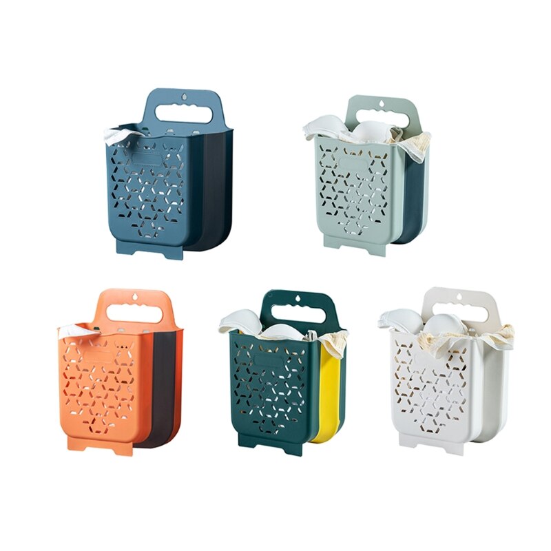 Cesta plegable de plástico para la colada, caja de almacenamiento de plástico con asa para colgar en la pared del baño, 95AA