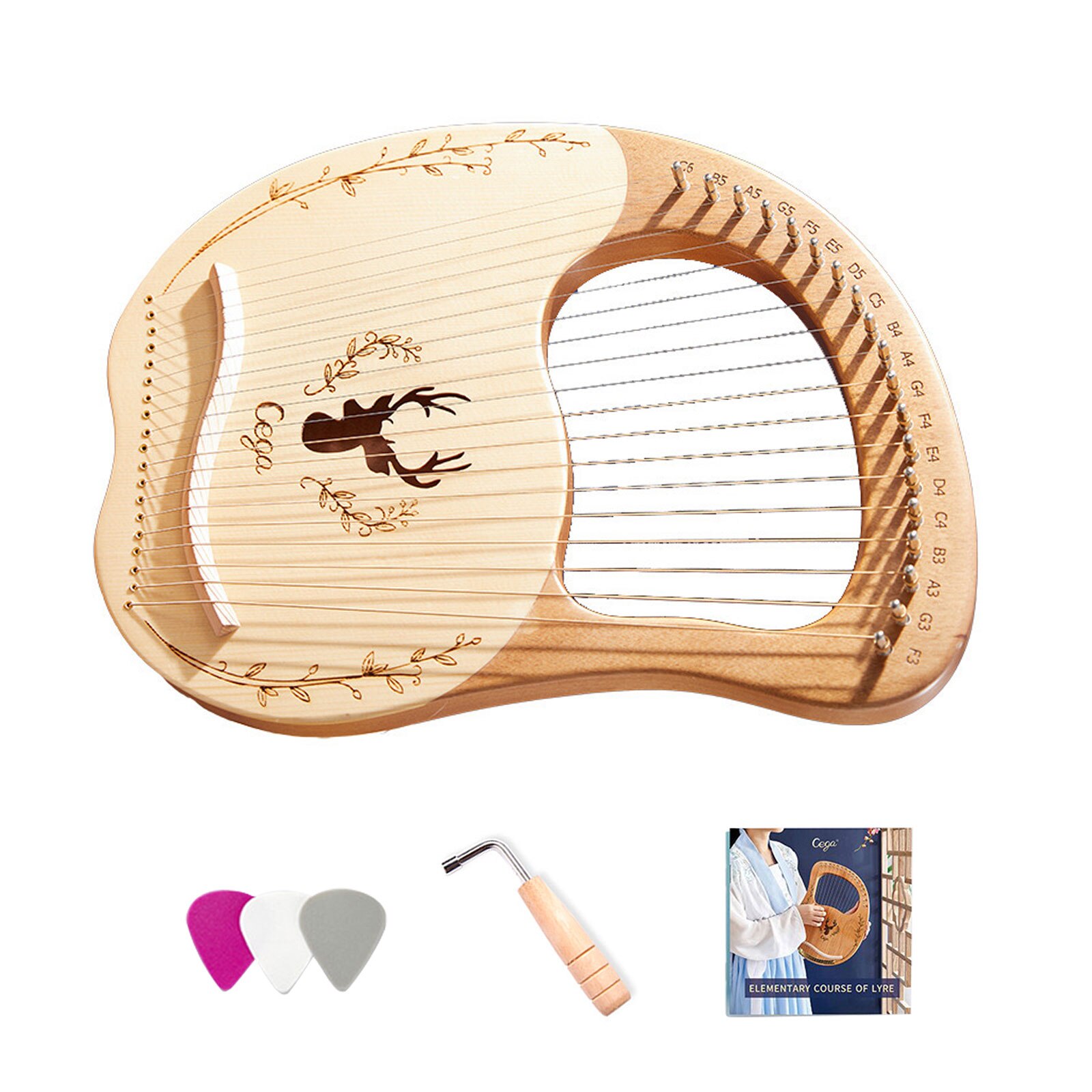 19-- snarige houten lier, harp, klankkast, snaarinstrument met stemsleutel, set van 3 plectrums