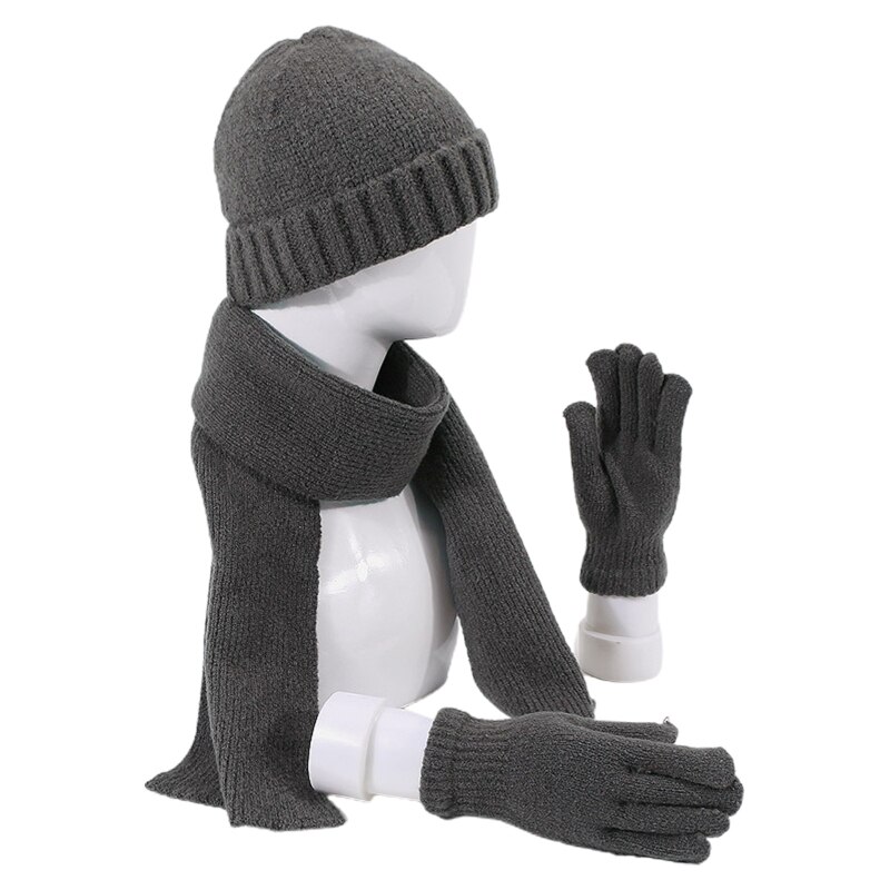 Unisex Winter 3 Stuks Beanie Hoed Lange Sjaal Handschoenen Set Effen Kleur Gebreide Warmer F3MF