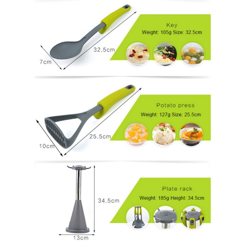 6pcs/set Nylon Cooking Utensils Set Non-stick Flat Spatula Soup Colander With Stand Rack Holder Home Kitchenware