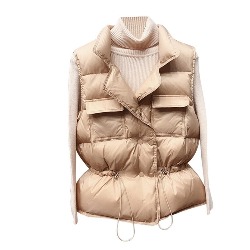 Licht Down Vest Vrouwen Korte Vest Winddicht Lichtgewicht Warm Vest Witte Eendendons Down Jas Mouwloze: Khaki / L