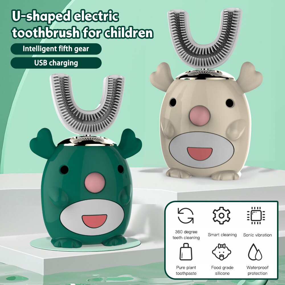 Smart 360 Graden U Elektrische Tandenborstel Kids Silicon Automatische Ultrasone Tanden Tandenborstel Cartoon Patroon Kinderen