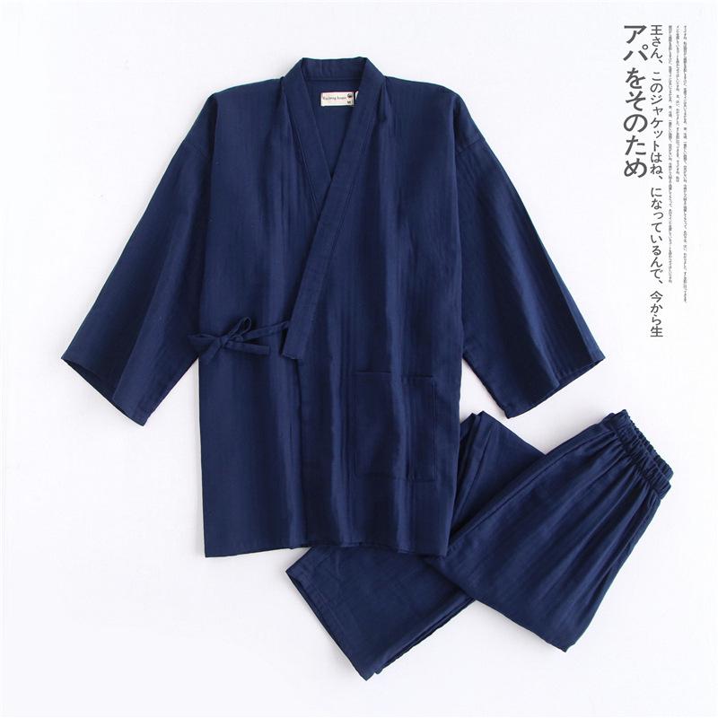 Traditionelle Japanische Pyjama einstellen Männer Baumwolle Nachtwäsche Kimono Bademantel Kleid Japan Stil Solide Kimono Haori Yukata Hause Tragen: Blau / L