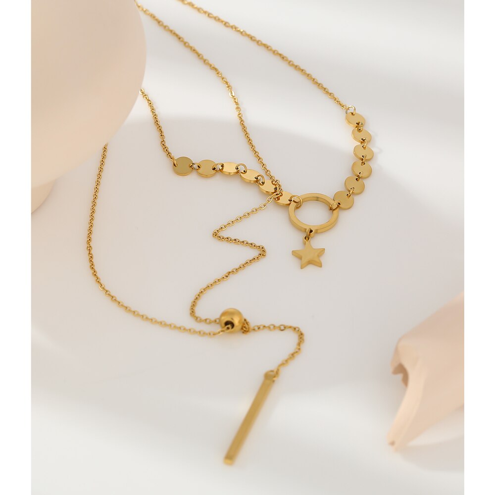 Yhpup Stylish Layered Cylinder Pendant Chain Necklace Charm Gold Metal Choker Stainless Steel Necklace collane donna statement