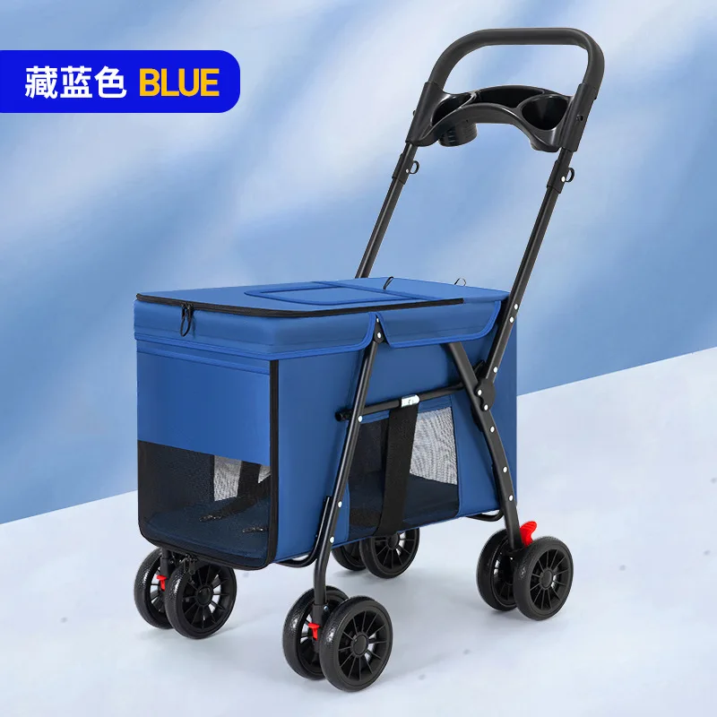 Leve e dobrável Pet Stroller, carrinho de cachorro pequeno, Cat Teddy, uso ao ar livre, tamanho médio a grande: Azul