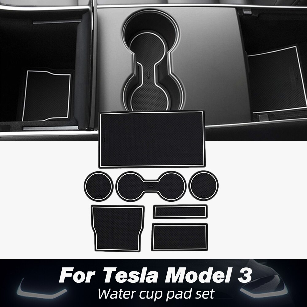 Tey 7 st/set för tesla modell tre biltillbehör grind spår dyna dörr spår gummimatta mittkonsol mugghållare modell 3