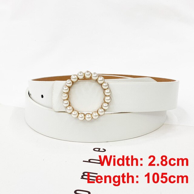 Pearl round pin buckle women simple ladies trend leather belt for women's youth brand belt: style 3-white