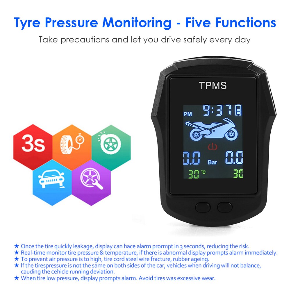 Waterproof Motorcycle TPMS Motorbike Digital LCD Display Tire Tyre Pressure Monitoring System with External Sensors