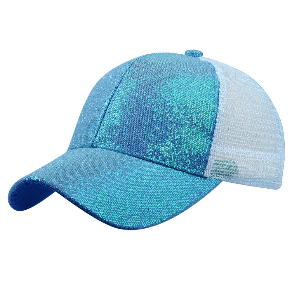 Gorra de béisbol con cola de caballo brillante para mujer, gorro de béisbol con cola de caballo, Cierre trasero, malla transpirable, ajustable, Hip Hop #40: S / Blue 