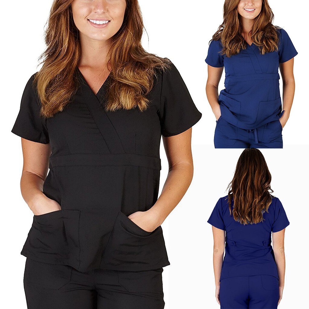 Women Short Sleeve V-neck Nursing Uniform Soft T-shirt Tops with Pocket uniformes clinicos mujer костюм медицинский