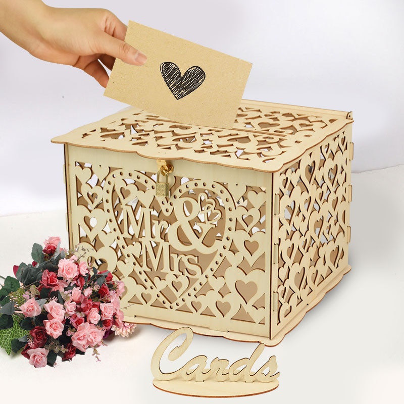 Wedding Card Box Envelope Card Wooden Boxes Hollow Floral Pattern Invitation Card DIY Box Wedding Party Decoration Supplies