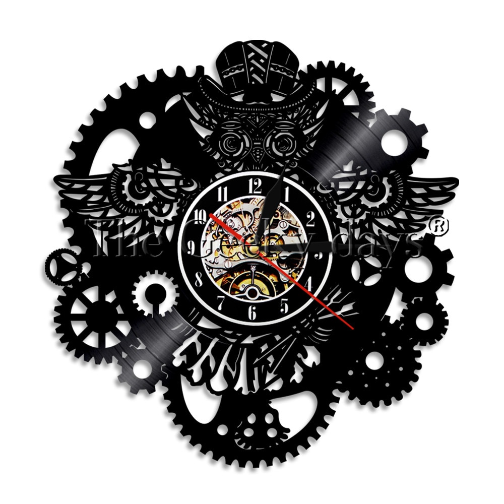 Owl Vinyl Record Wall Clock Gear Cogs Night Owl Steampunk LED Wall Clock Home Decor Cogwheels Animal Wall Watch Modern