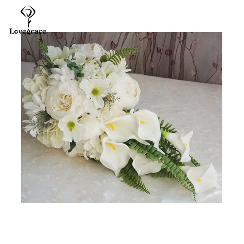 Wedding Silk Rose Calla Lily Waterfall Bouquet Wedding Flowers White Fleur Rose Lace Teardrop Bridal Wedding Bouquet for Bride