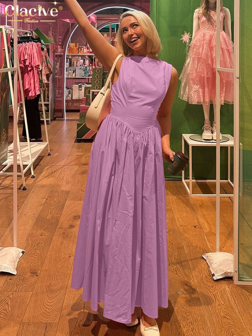 Clacive Summer Slim Pink Women's Dress O-Neck Sleeveless Ankle Length Dresses Classic Pleated Female Dress