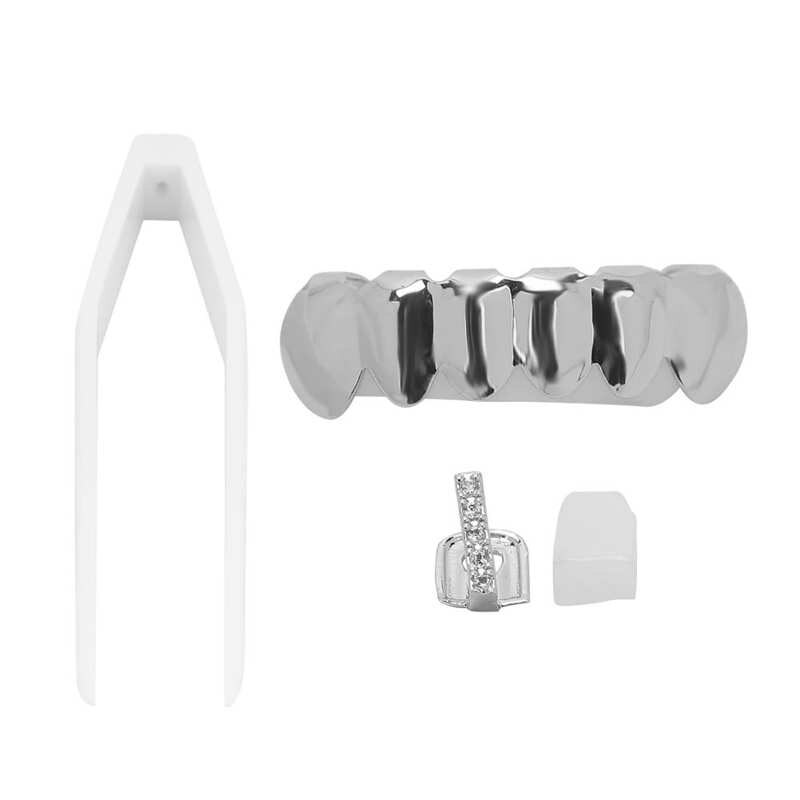 Hip Hop False Upper Lower Teeth Set Reusable Halloween Festival Teeth Decoration Brace: Silver