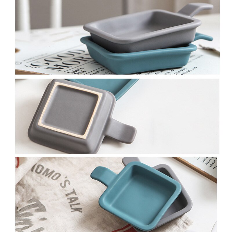 Ceramic Single Handle Seasoning Dish Square Mini Baking Tray Household Breakfast Steak Dessert Salad Plate Kitchen Baking Tool