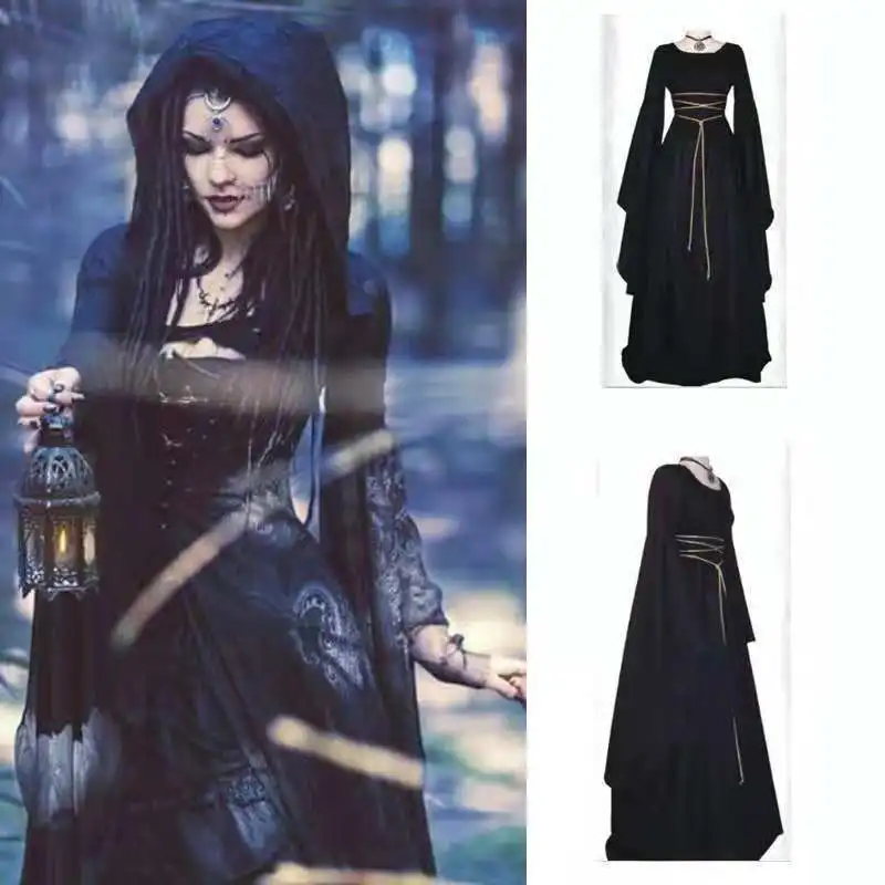 Robe Longue Vintage Style Medieval pour Femme, Tenue de Sol Gothique, Retro, Cosplay, ixd'Halloween et Carnaval, 303