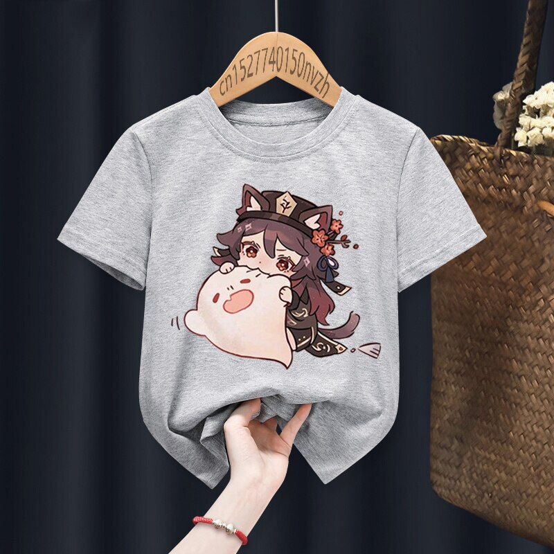 Hu Tao Genshin Impact Print Red Kid t-shirt bambini bambino nero Harajuku Kawaii vestiti ragazzo ragazza top regalo presente, nave di caduta
